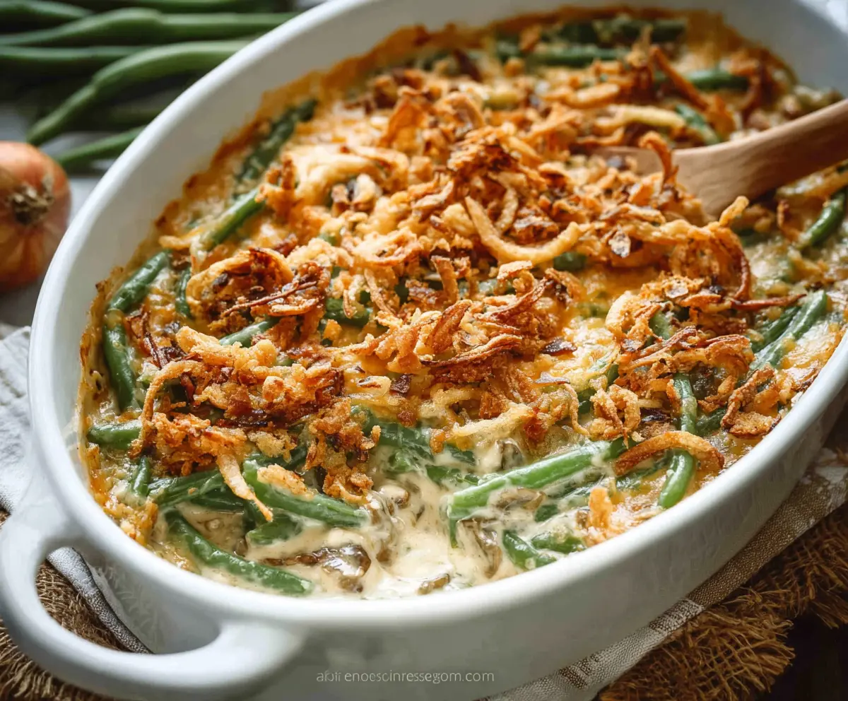 Delicious homemade green bean casserole with crispy fried onions and fresh green beans on a baking dish.