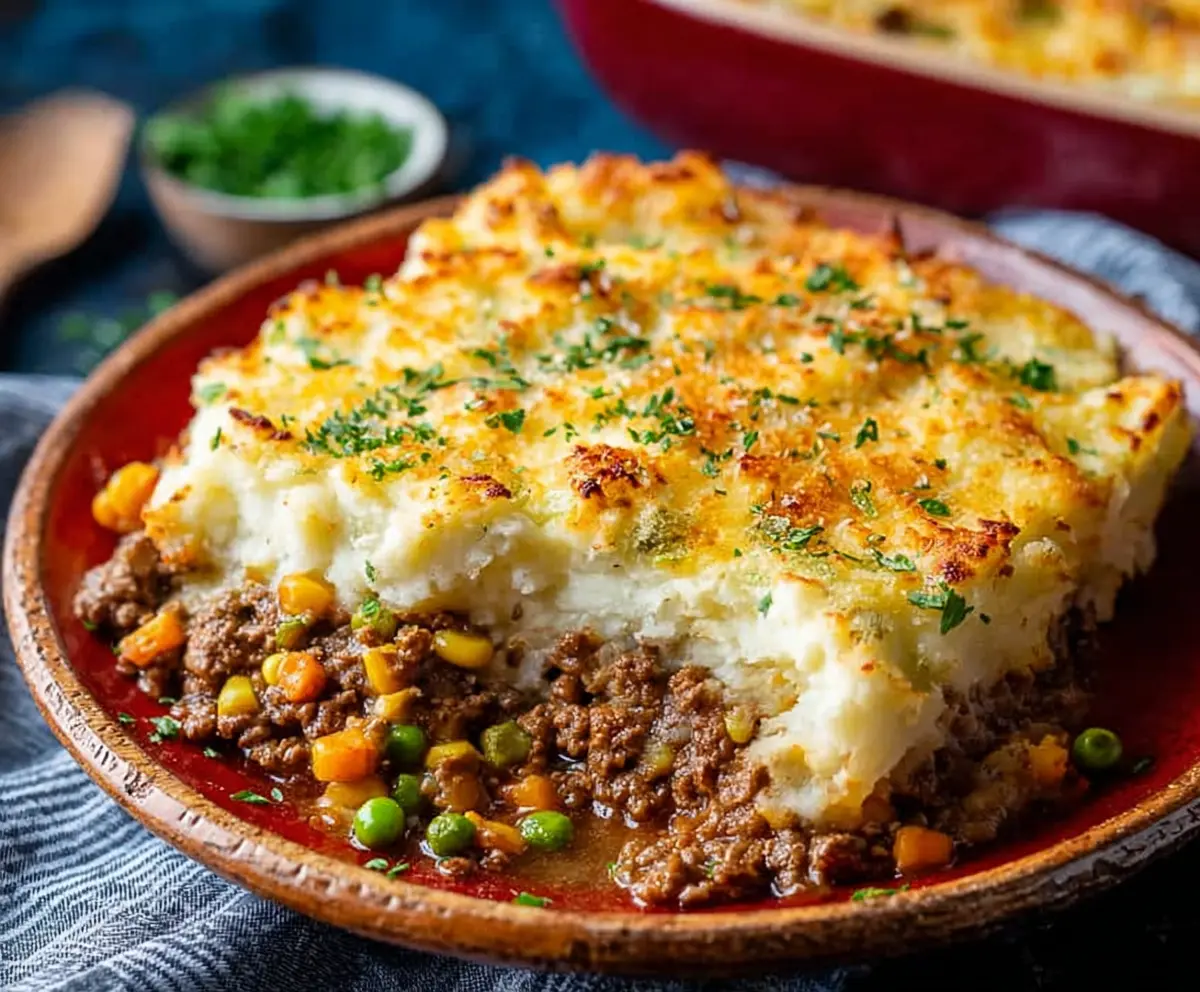Delicious homemade Ground Beef Shepherd's Pie topped with golden mashed potatoes and fresh herbs.