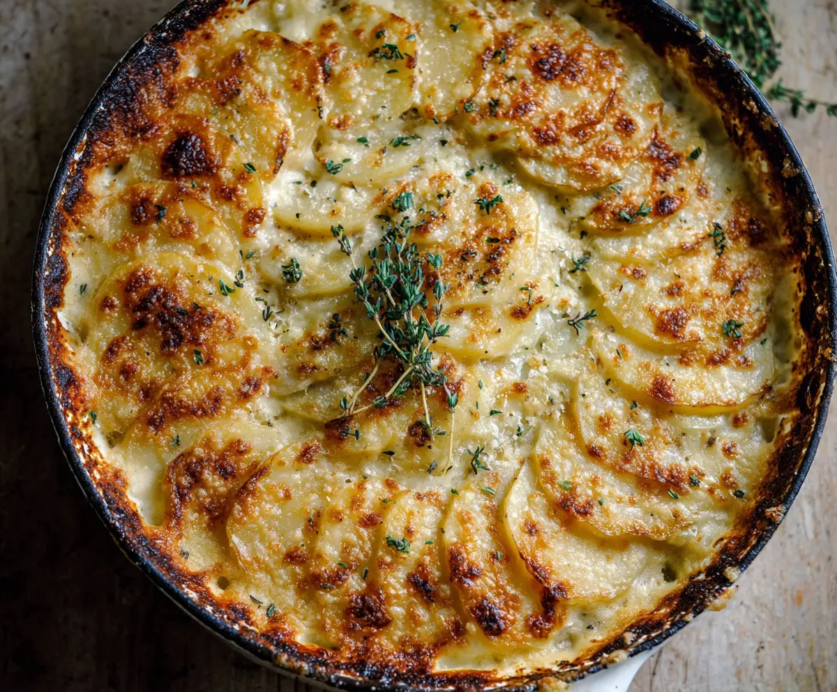 Delicious Gruyere Potato Gratin with golden melted cheese and crispy edges