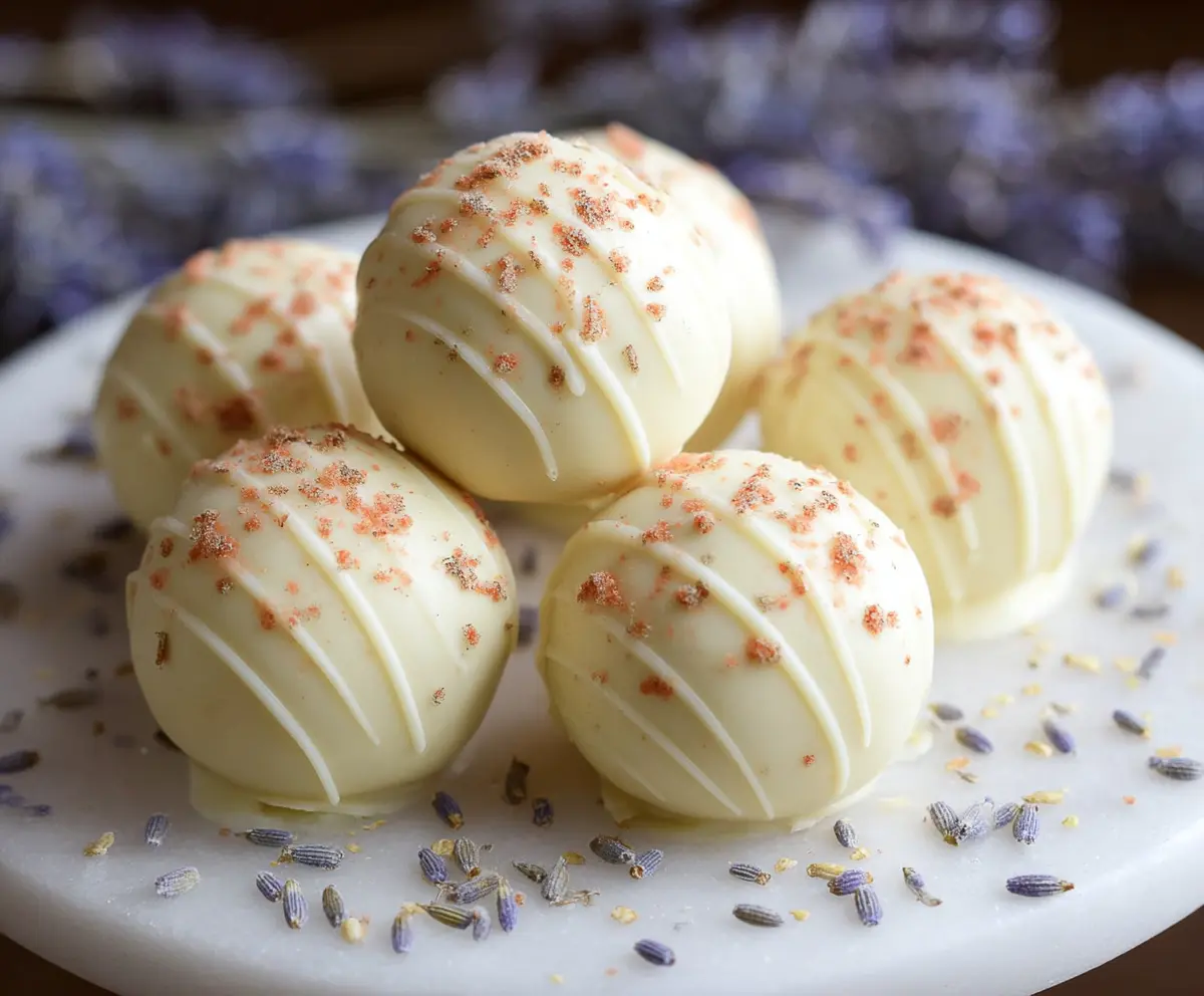 Delicious Honey Lavender White Chocolate Truffles, handcrafted with floral lavender and sweet honey for a luxurious treat.