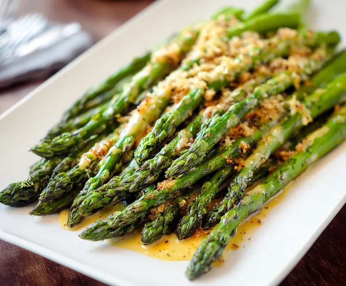 Delicious honey mustard glaze on fresh asparagus spears for a healthy recipe