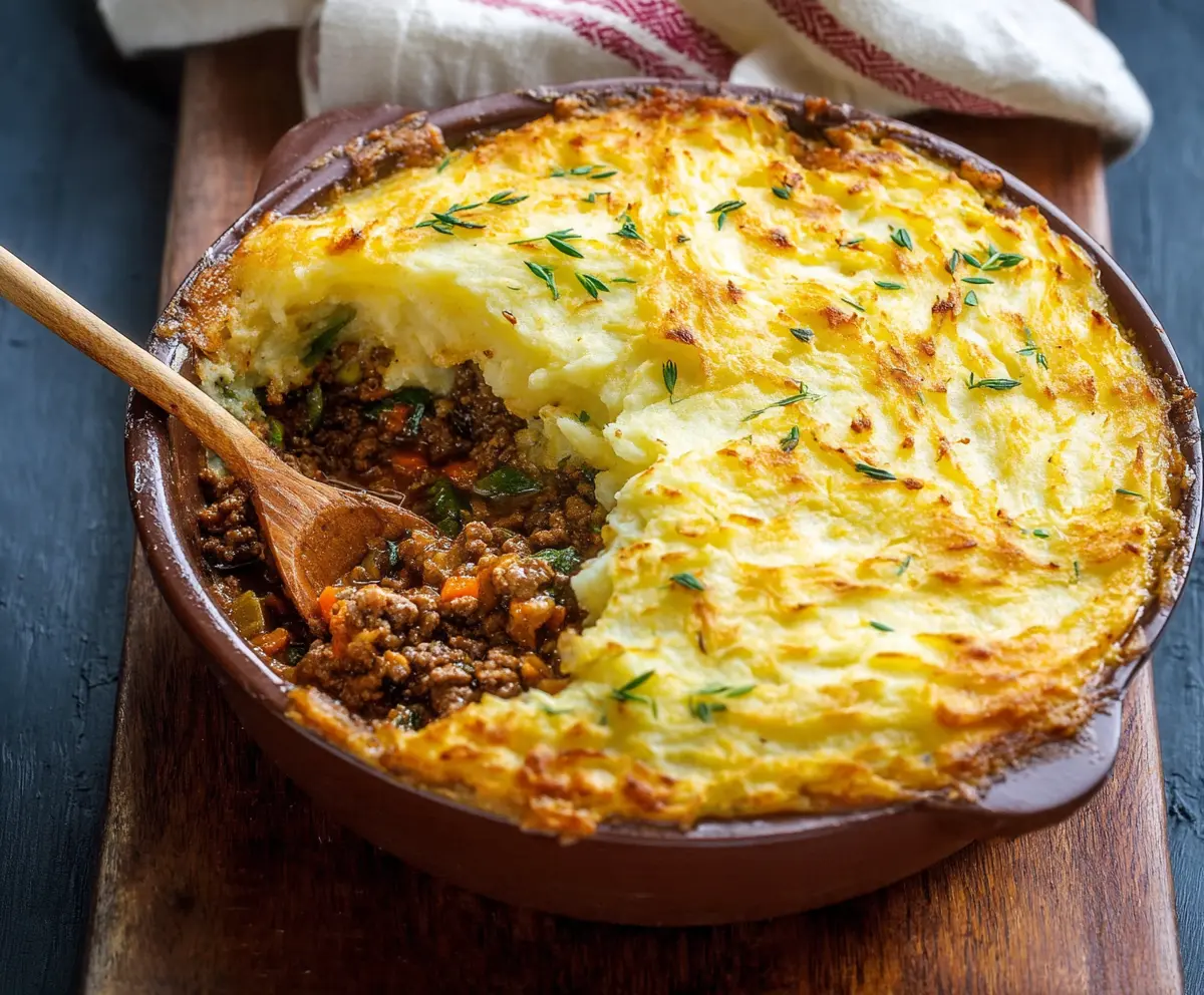 Delicious Irish Cottage Pie with creamy mashed potatoes and savory meat filling on a rustic plate.