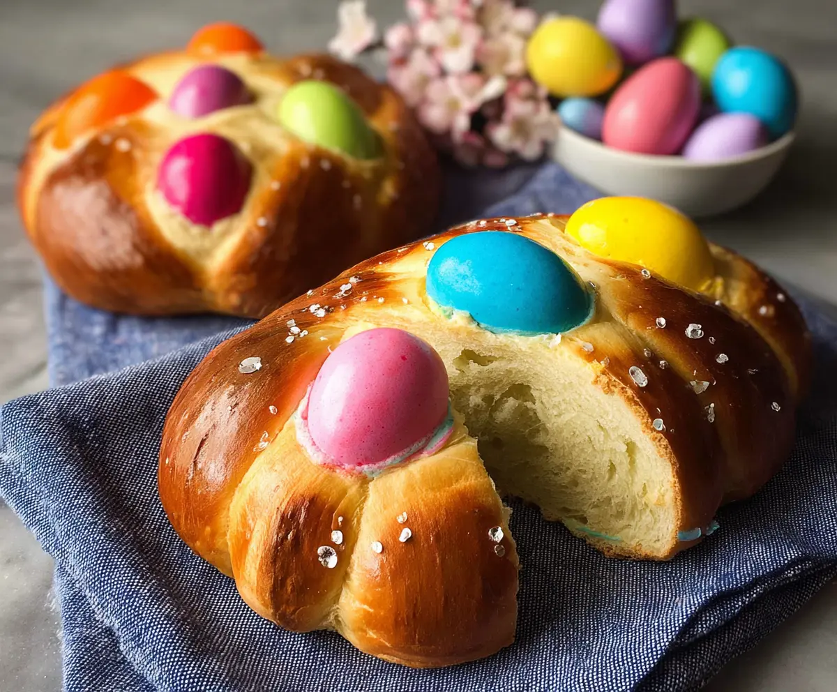 Delicious Italian Easter bread topped with colorful eggs, perfect for celebrating spring holidays.