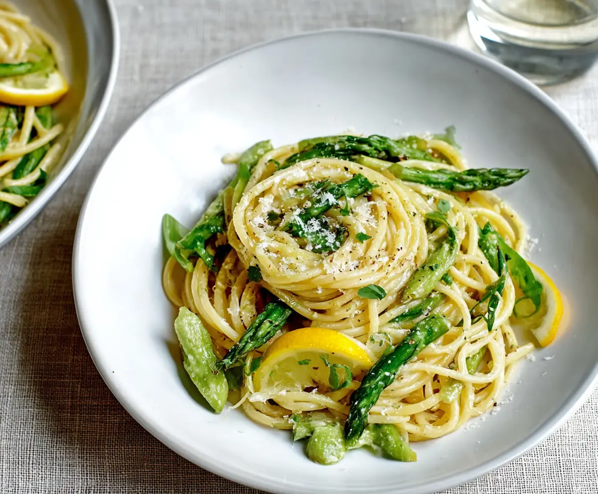 Delicious lemon asparagus pasta served on a white plate, garnished with fresh herbs.