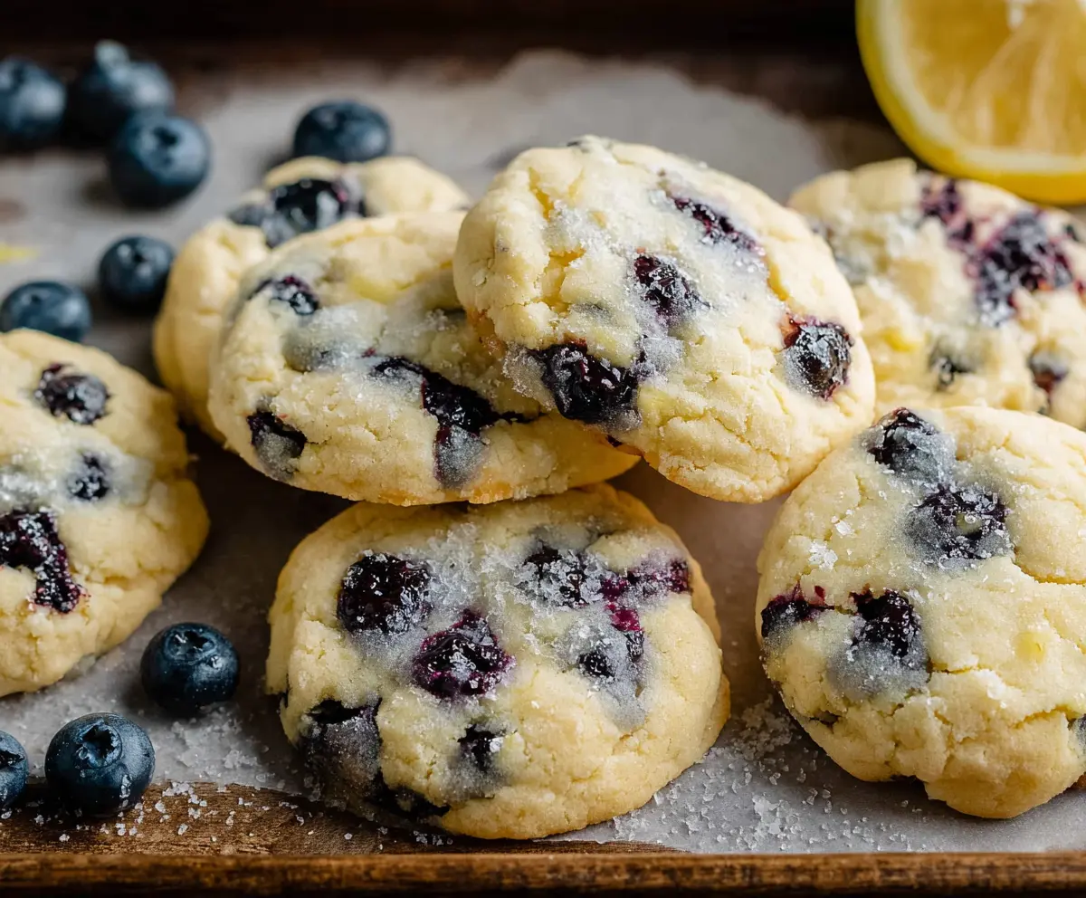 Delicious Lemon Blueberry Cookies on a white plate, showcasing fresh blueberries and lemon zest.