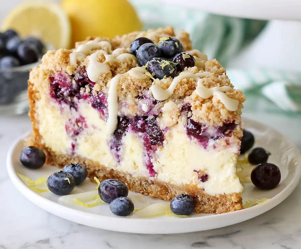 Delicious Lemon Blueberry Crumble Cheesecake topped with fresh blueberries and lemon zest.
