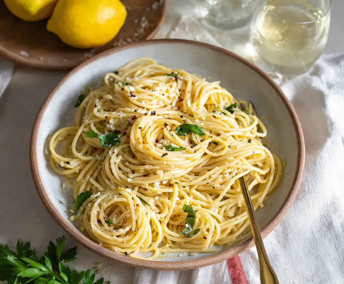 A delicious plate of Lemon Butter Garlic Pasta garnished with fresh herbs and lemon slices.