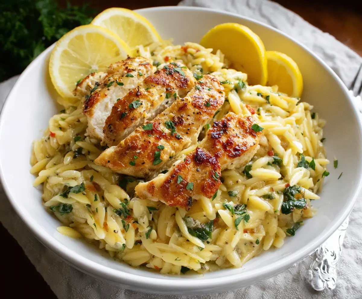 Delicious Lemon Chicken served with flavorful orzo pasta on a modern plate.