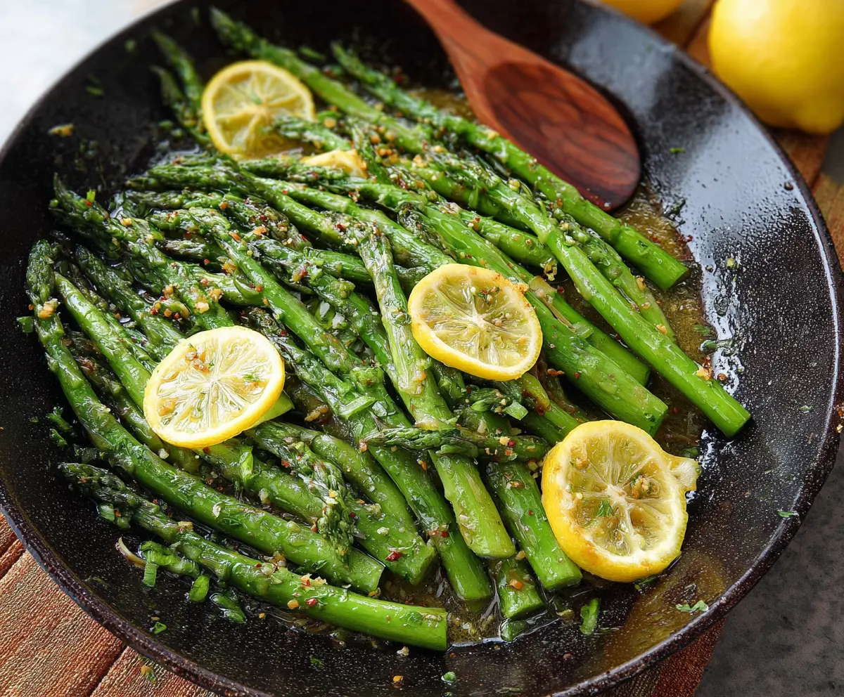 Freshly cooked lemon garlic asparagus with vibrant green spears and a zesty lemon glaze.