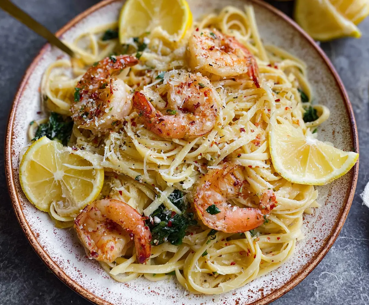 Delicious Lemon Garlic Shrimp Pasta on a white plate garnished with fresh herbs