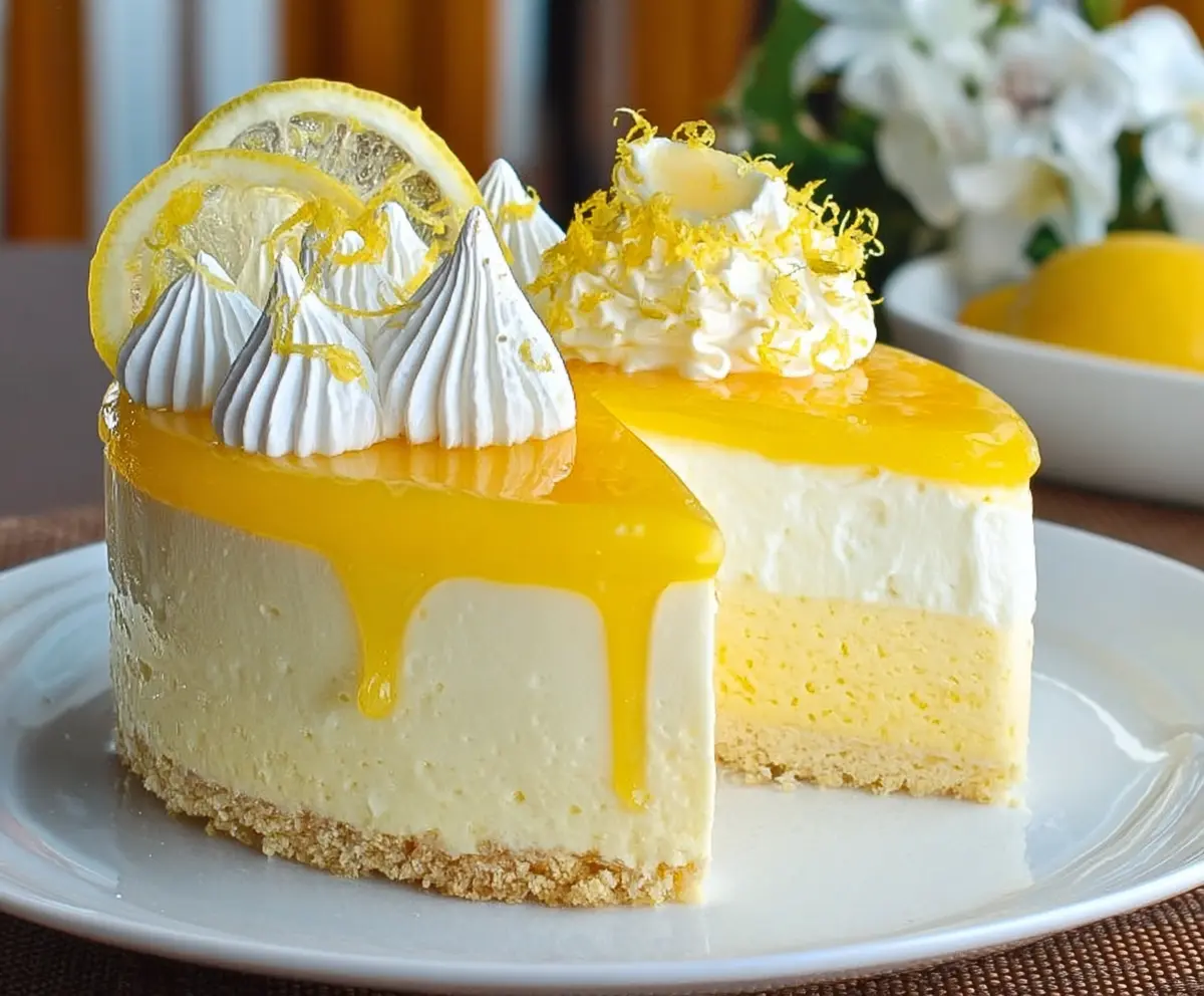 Delicious Lemon Mousse Cake with a fluffy texture and fresh lemon slices on top.