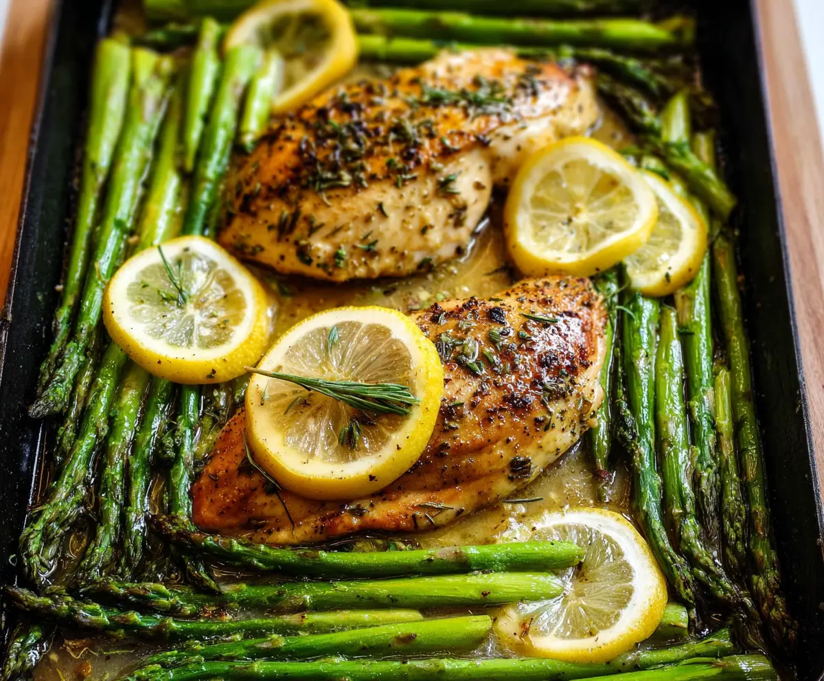 Delicious one-pan lemon herb chicken with fresh asparagus on a rustic plate.