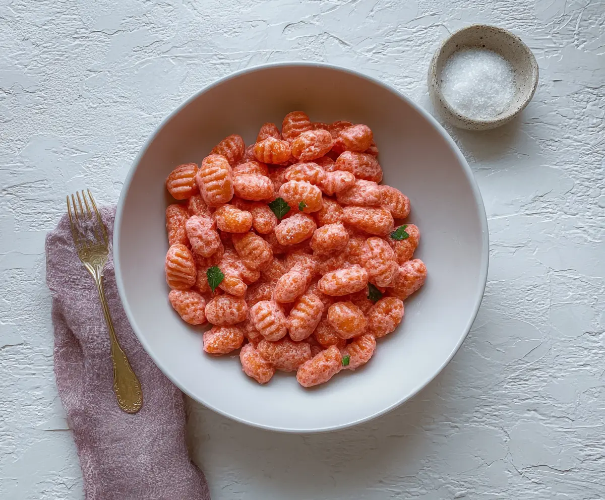 Colorful pink gnocchi served on a plate with fresh herbs for a vibrant and delicious dish.