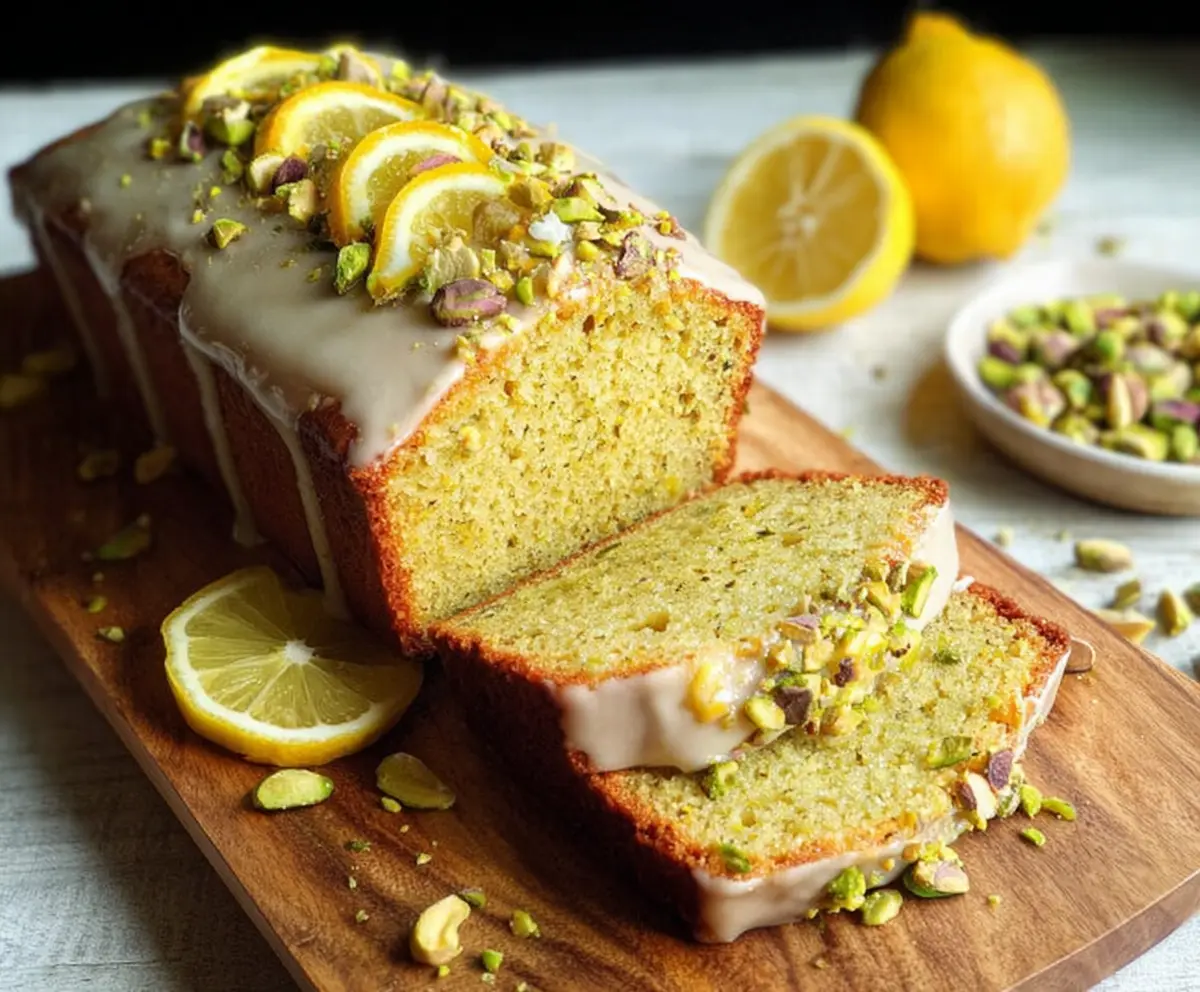 Delicious Pistachio Lemon Pound Cake with a golden crust and vibrant lemon glaze