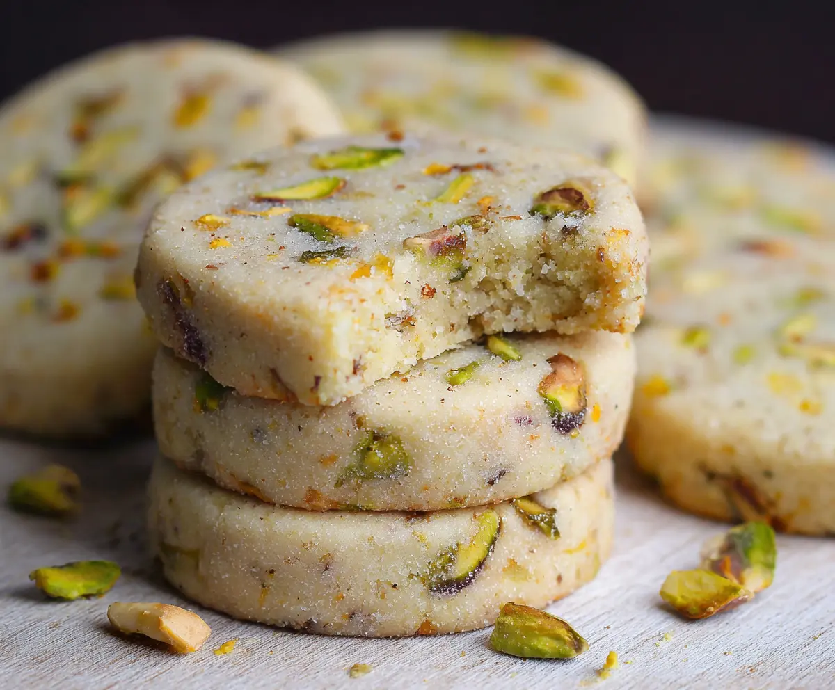 Delicious pistachio shortbread cookies with a buttery, crumbly texture, perfect for teatime treat.