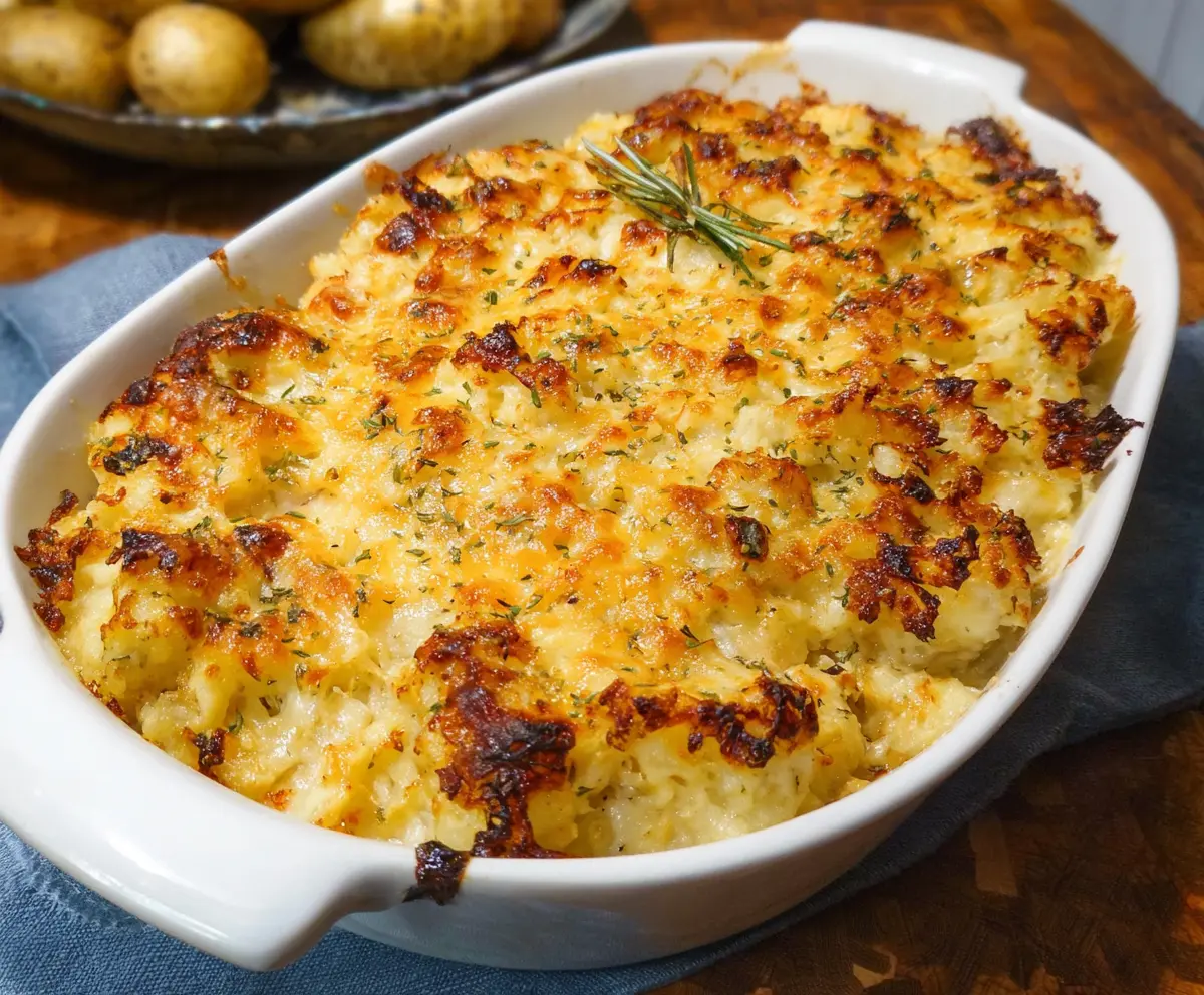 Creamy Potatoes Romanoff with Melted Cheese and Fresh Herbs on a Serving Dish