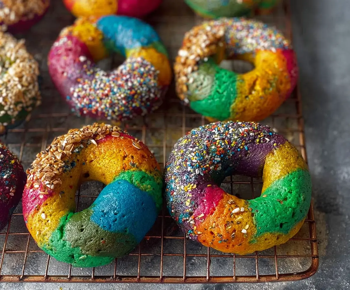 Colorful rainbow bagels with vibrant icing and sprinkles on a wooden board.