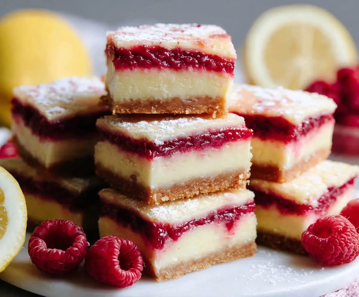 Delicious Raspberry Lemon Cheesecake Bars with a creamy filling and fresh raspberry topping.