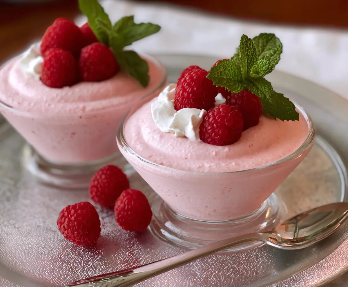 Delicious Raspberry Mousse served in a glass garnished with fresh raspberries