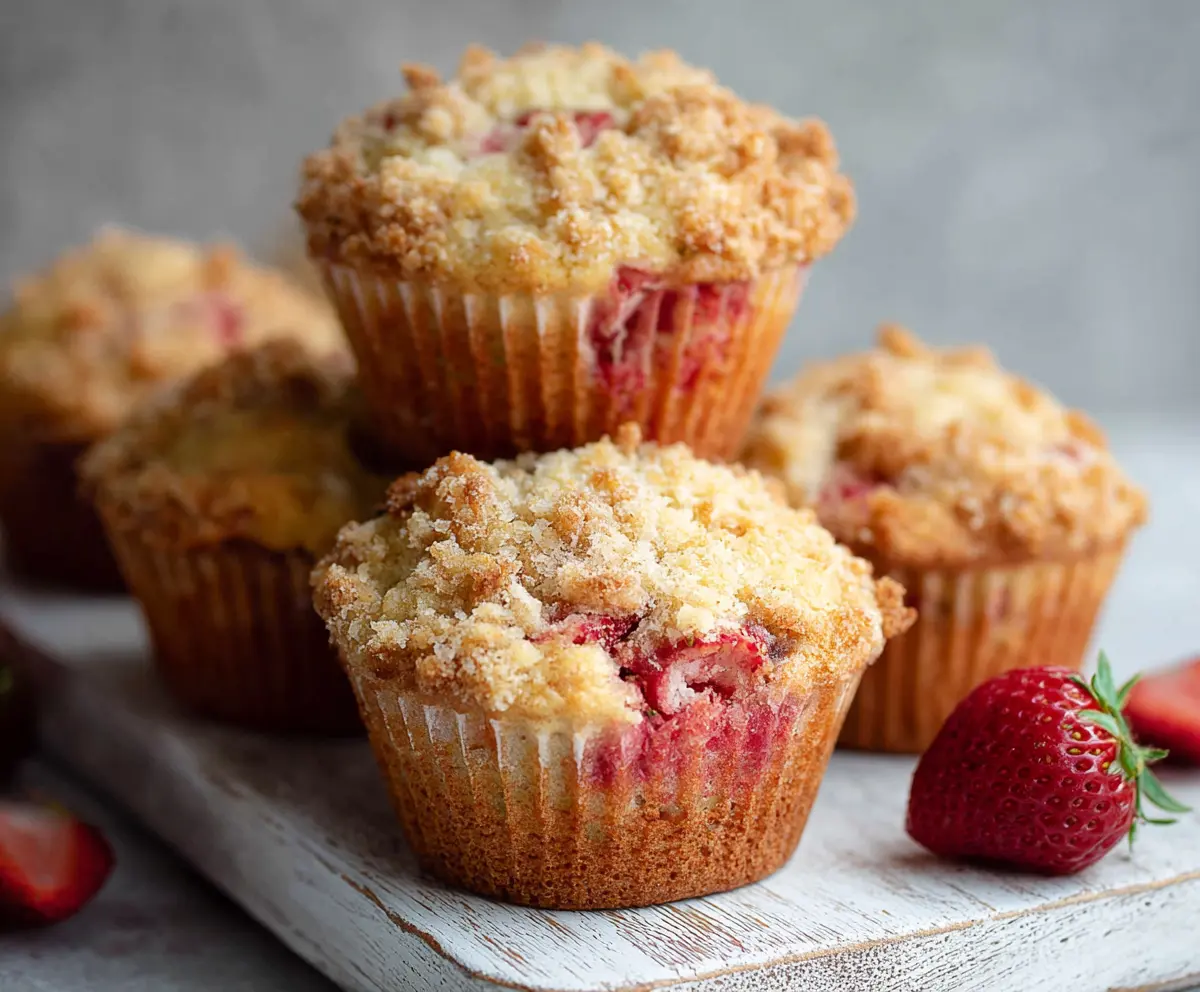 Delicious homemade rhubarb strawberry muffins fresh out of the oven, showcasing vibrant red strawberries and green rhubarb pieces.