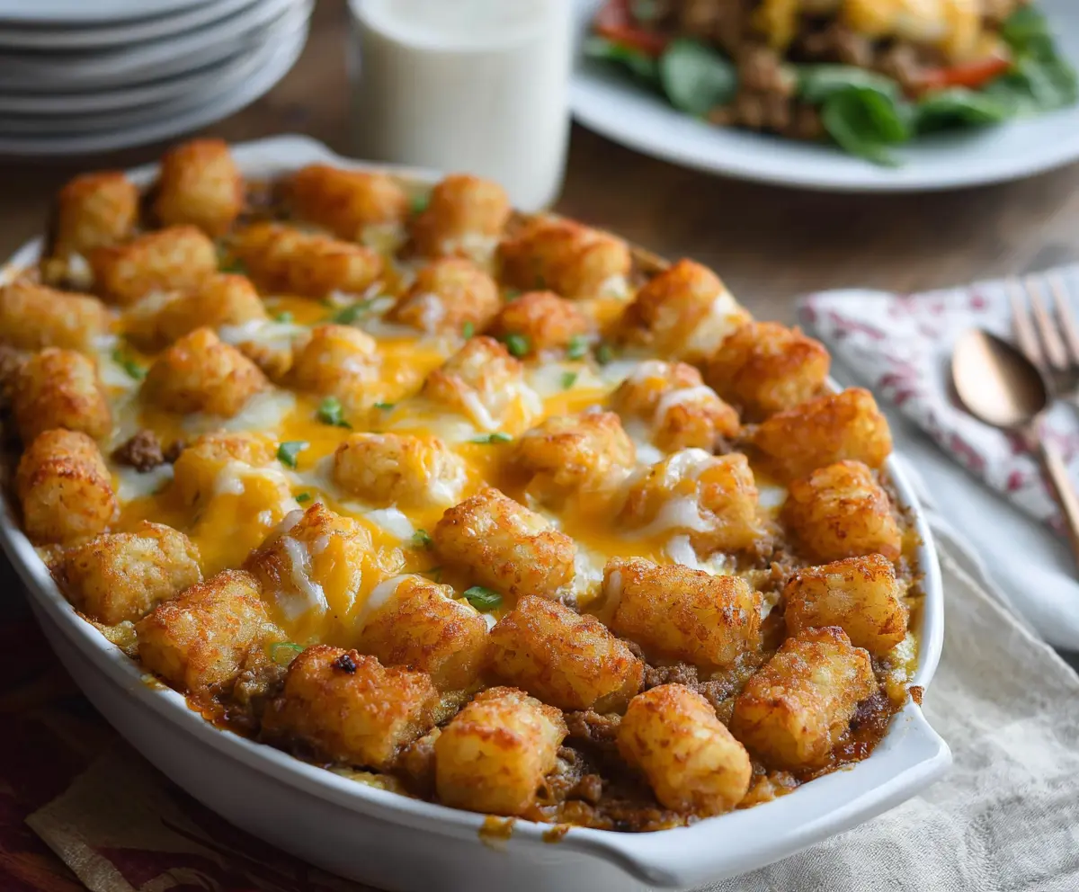 Delicious sausage gravy breakfast casserole with crispy tater tots topped with melted cheese and fresh herbs.