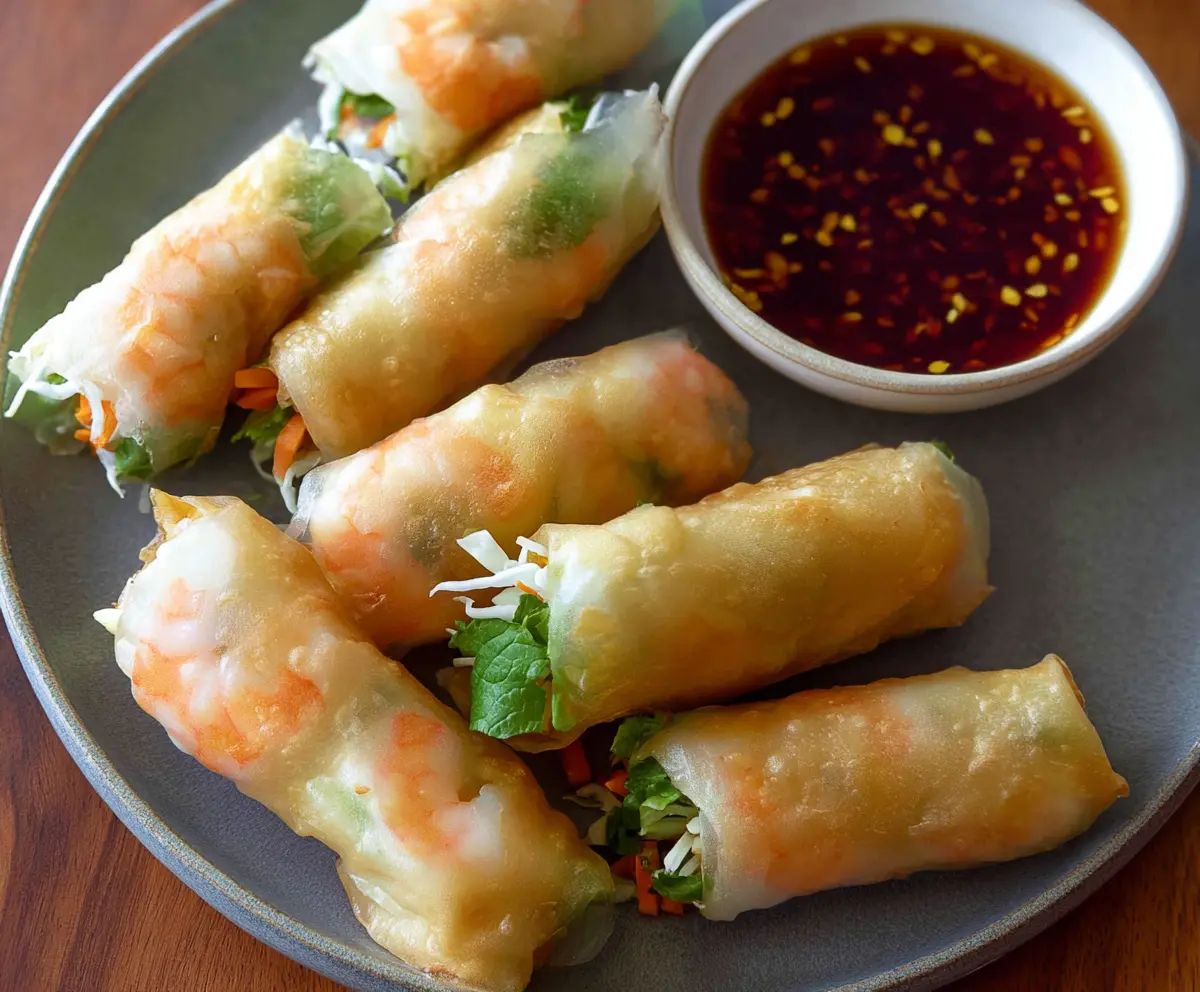 Delicious shrimp and pork spring rolls with fresh vegetables and rice paper