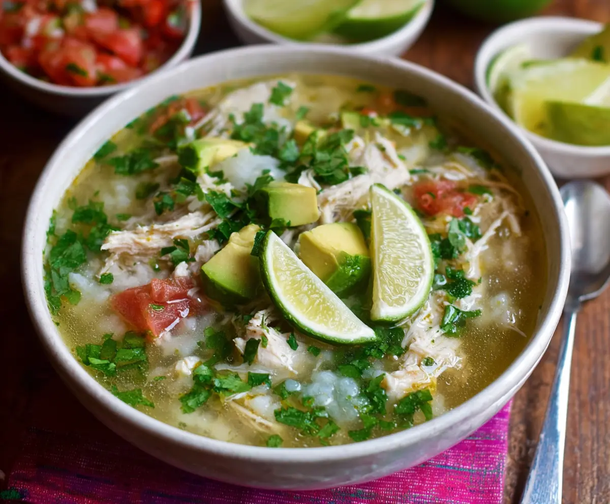 Delicious Slow Cooker Mexican Chicken Lime Soup with fresh herbs and tender chicken chunks in a flavorful broth.