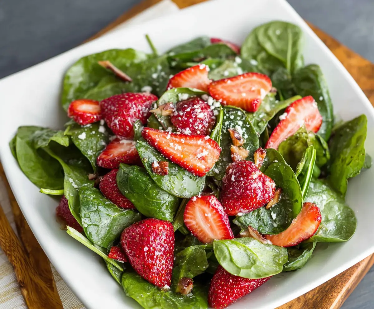 Fresh spinach and ripe strawberries in a colorful spinach strawberry salad.