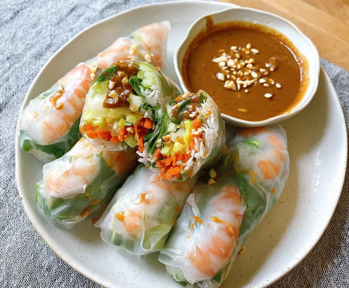 Fresh spring rolls filled with vegetables and herbs served with creamy peanut sauce.