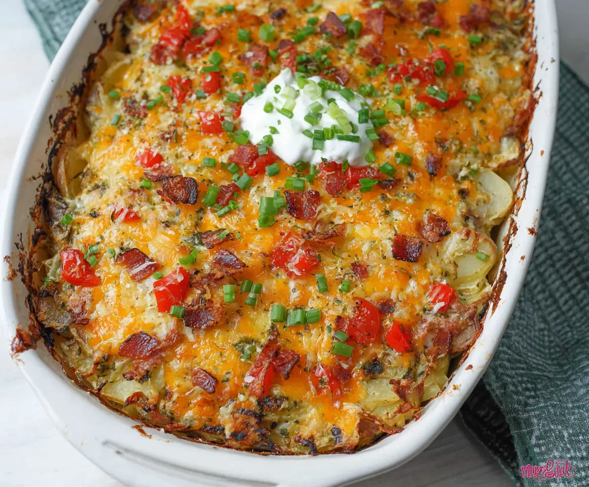 Delicious Spring Veggie Loaded Chicken Potato Casserole with fresh vegetables and golden baked chicken.