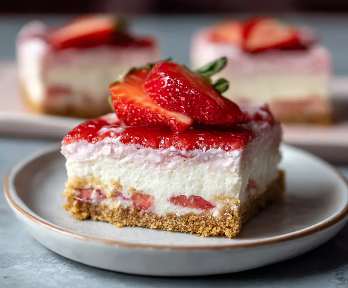 Delicious strawberry cheesecake bars with a creamy layer and fresh strawberries on top