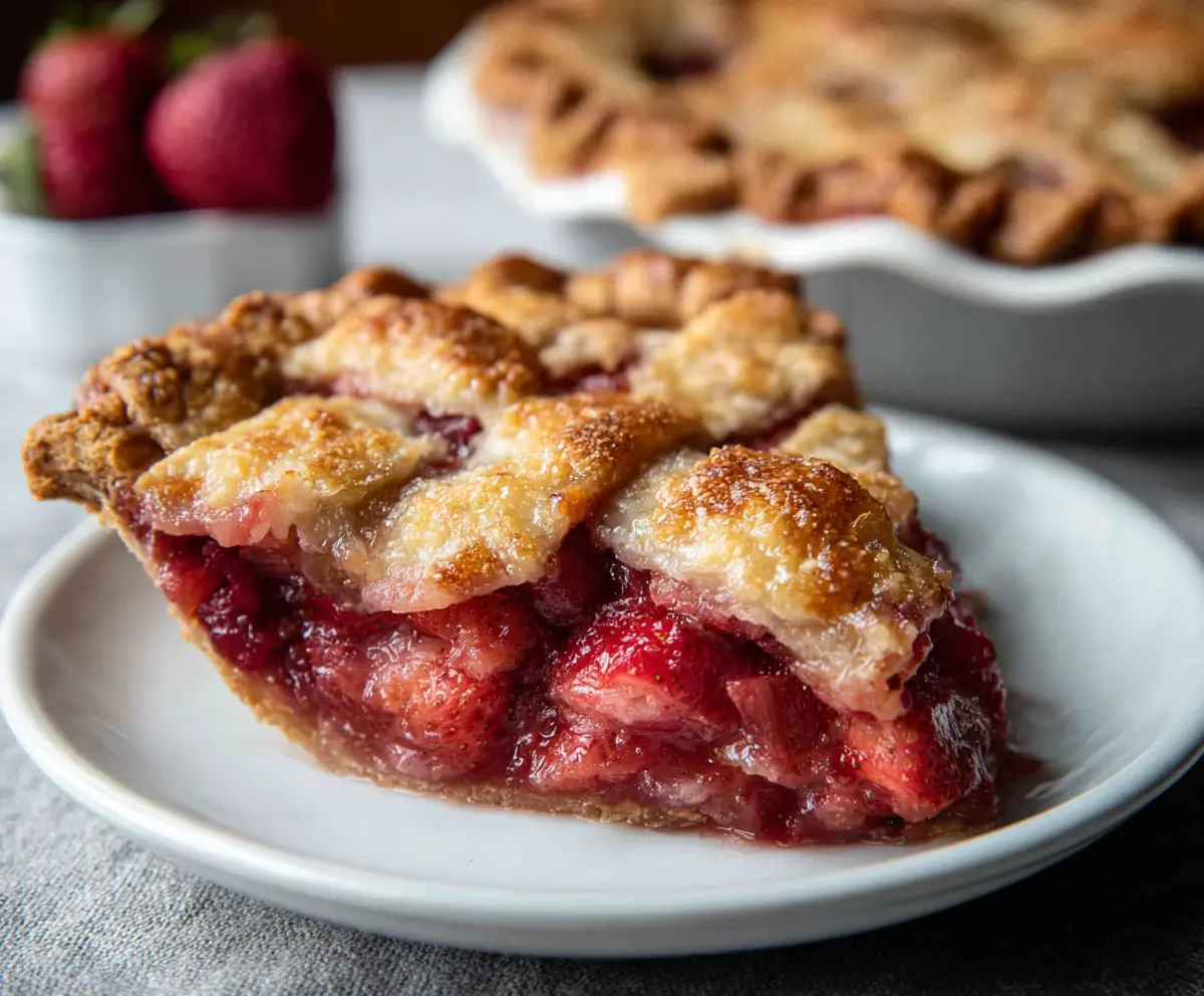 Delicious homemade strawberry rhubarb pie with golden crust and vibrant fruit filling.