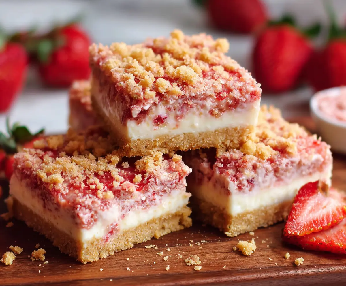 Delicious strawberry shortcake cheesecake bars with fresh strawberries and creamy cheesecake filling.