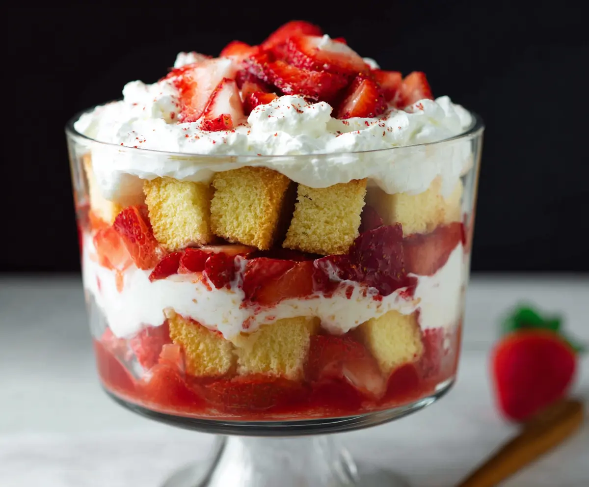 Delicious Strawberry Shortcake Trifle with layers of fresh strawberries, whipped cream, and sponge cake in a clear glass bowl.
