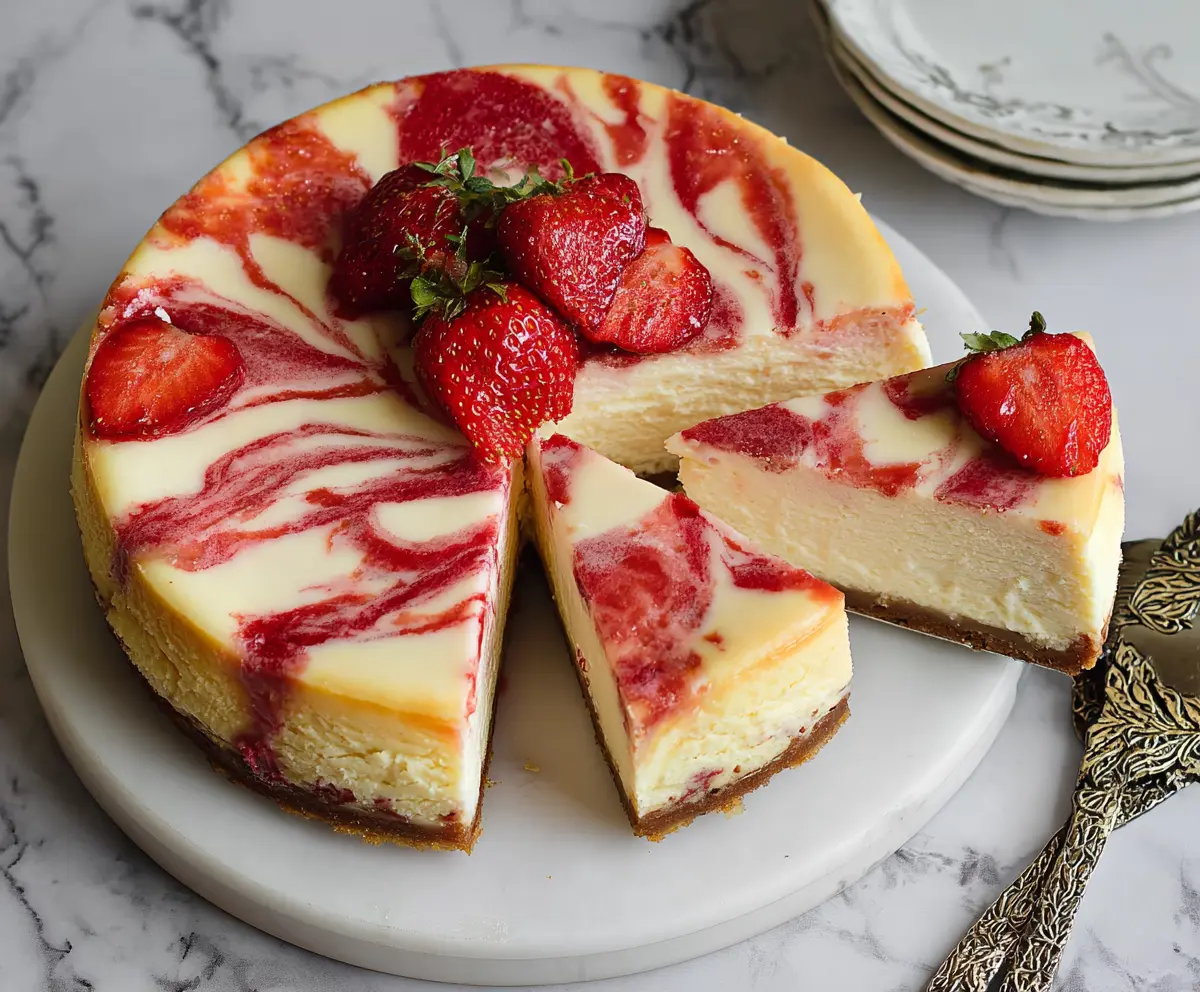 Delicious strawberry swirl cheesecake with a creamy texture and fresh strawberry topping.