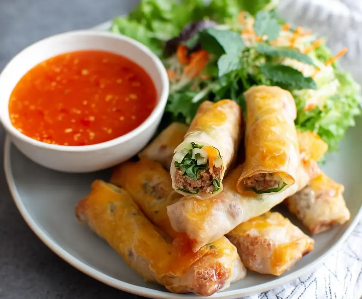 Delicious Thai chicken spring rolls served with sweet chili sauce on a plate.