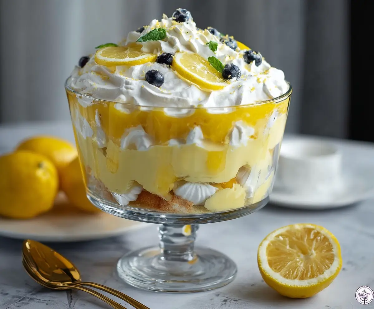 Delicious Vanilla Lemon Trifle with layers of creamy custard, fresh lemon, and whipped cream in a clear glass bowl.