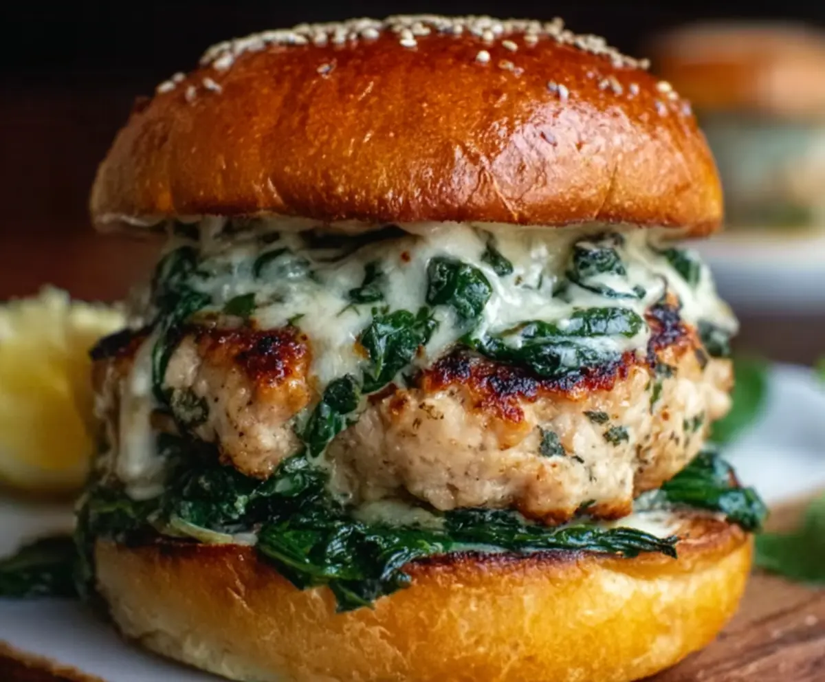 Juicy white cheddar spinach chicken burger ready to serve on a bun.