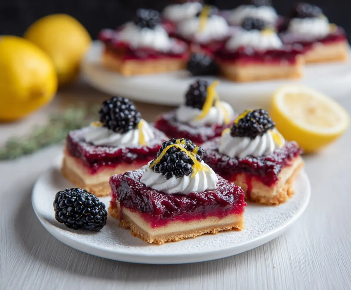 Delicious Blackberry Lemon Squares with fresh berries and citrus glaze on a serving plate