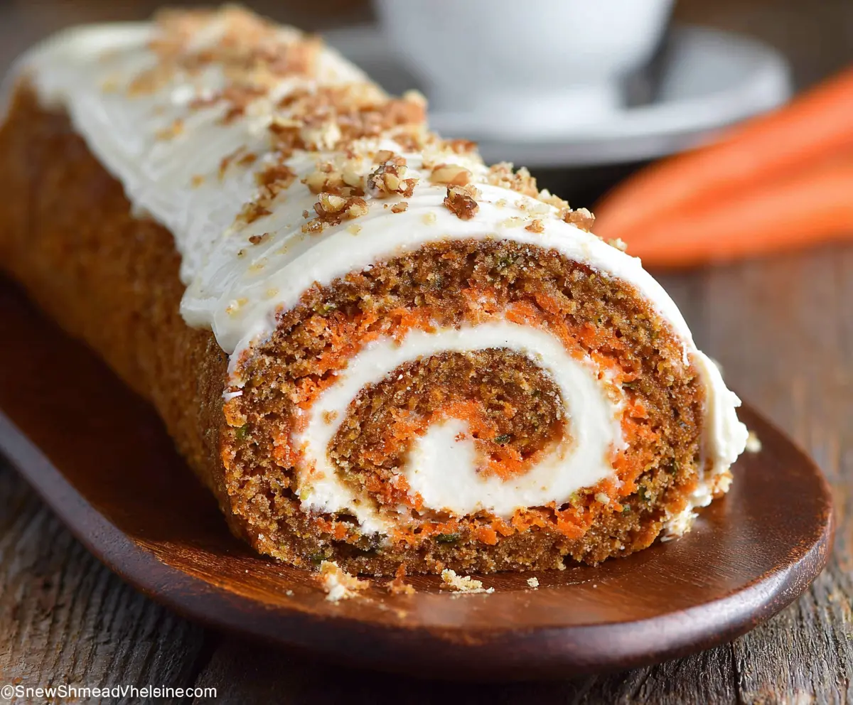 Delicious homemade carrot cake roll with cream cheese frosting, perfect for dessert or special occasions.