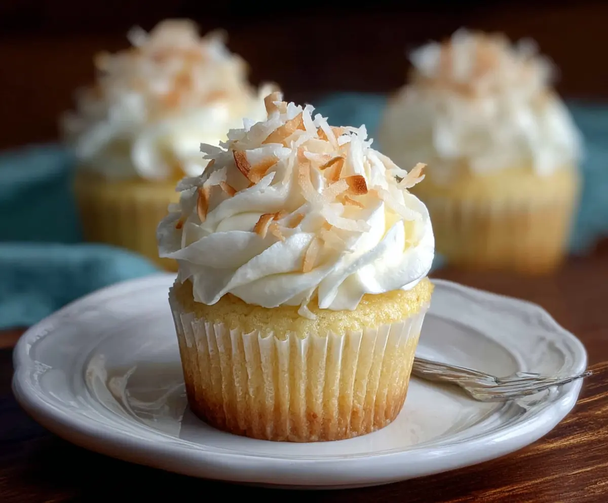 Delicious Coconut Cream Pie Cupcakes topped with toasted coconut and a cherry.