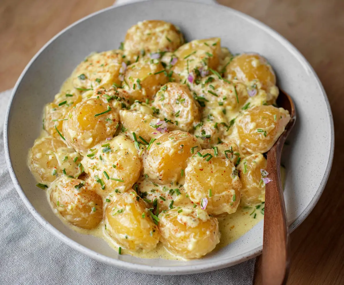 Delicious creamy mustard potatoes served on a plate, perfect for a flavorful side dish.