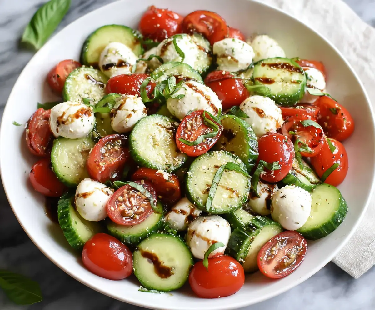 Fresh Cucumber Caprese Salad with mozzarella, basil, and balsamic glaze on a white plate.