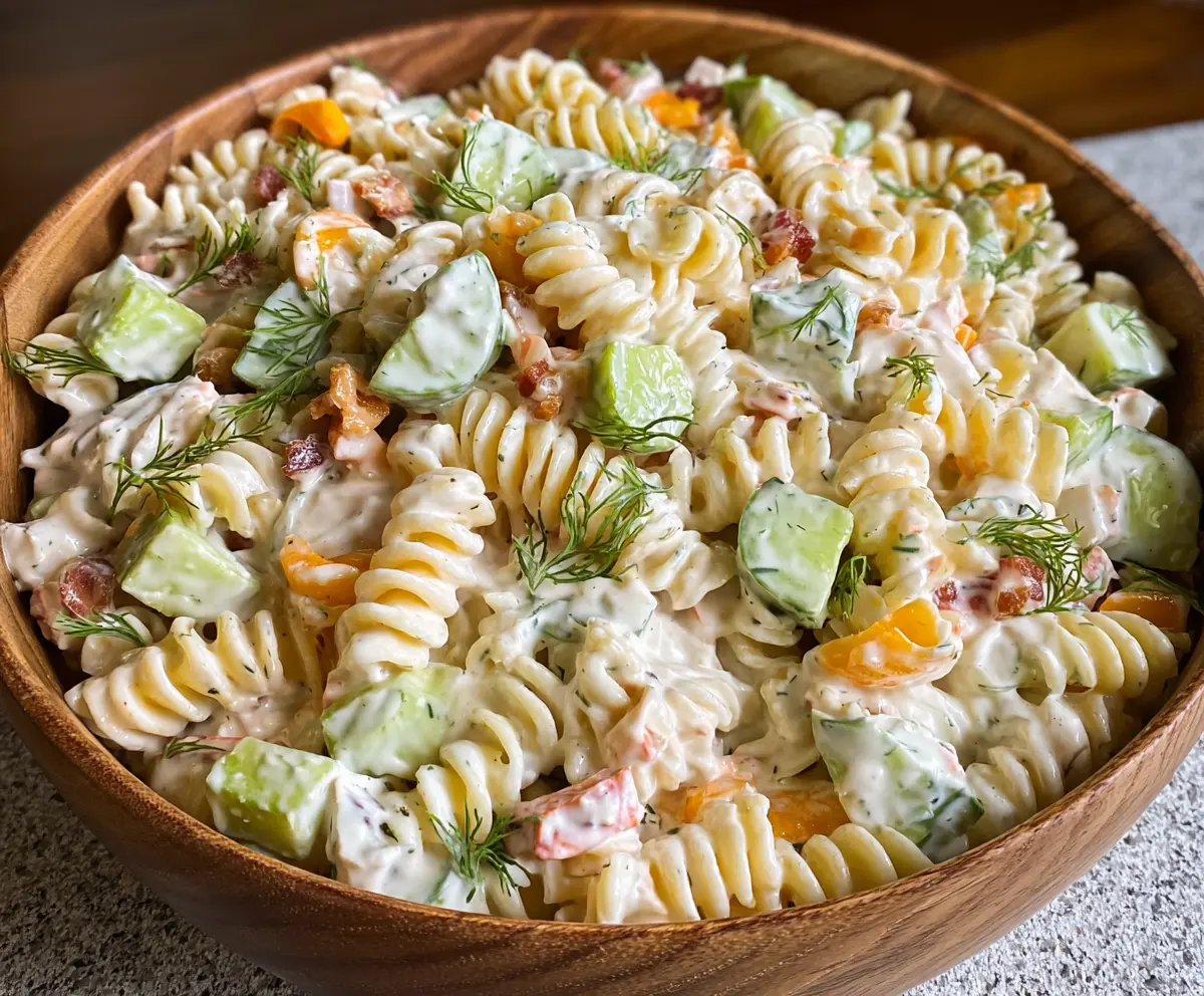 Creamy Dill Pickle Ranch Pasta Salad with fresh herbs and crunchy vegetables.