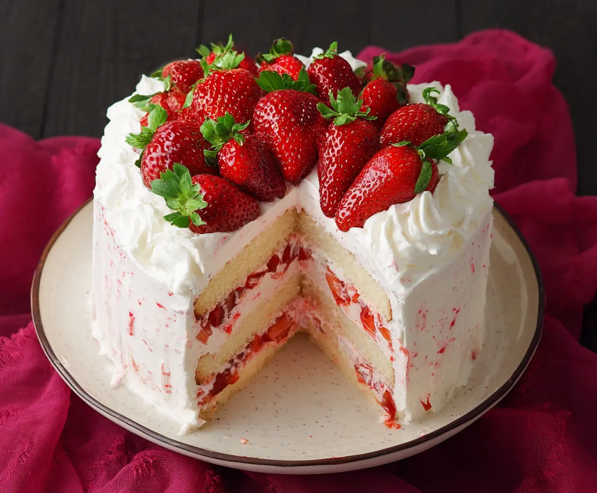 Delicious fresh strawberry cake with layers of moist sponge and juicy strawberries on top.