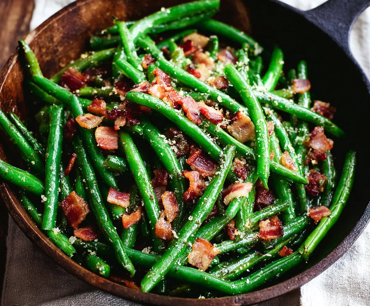 Delicious green beans cooked with crispy bacon for a flavorful side dish.