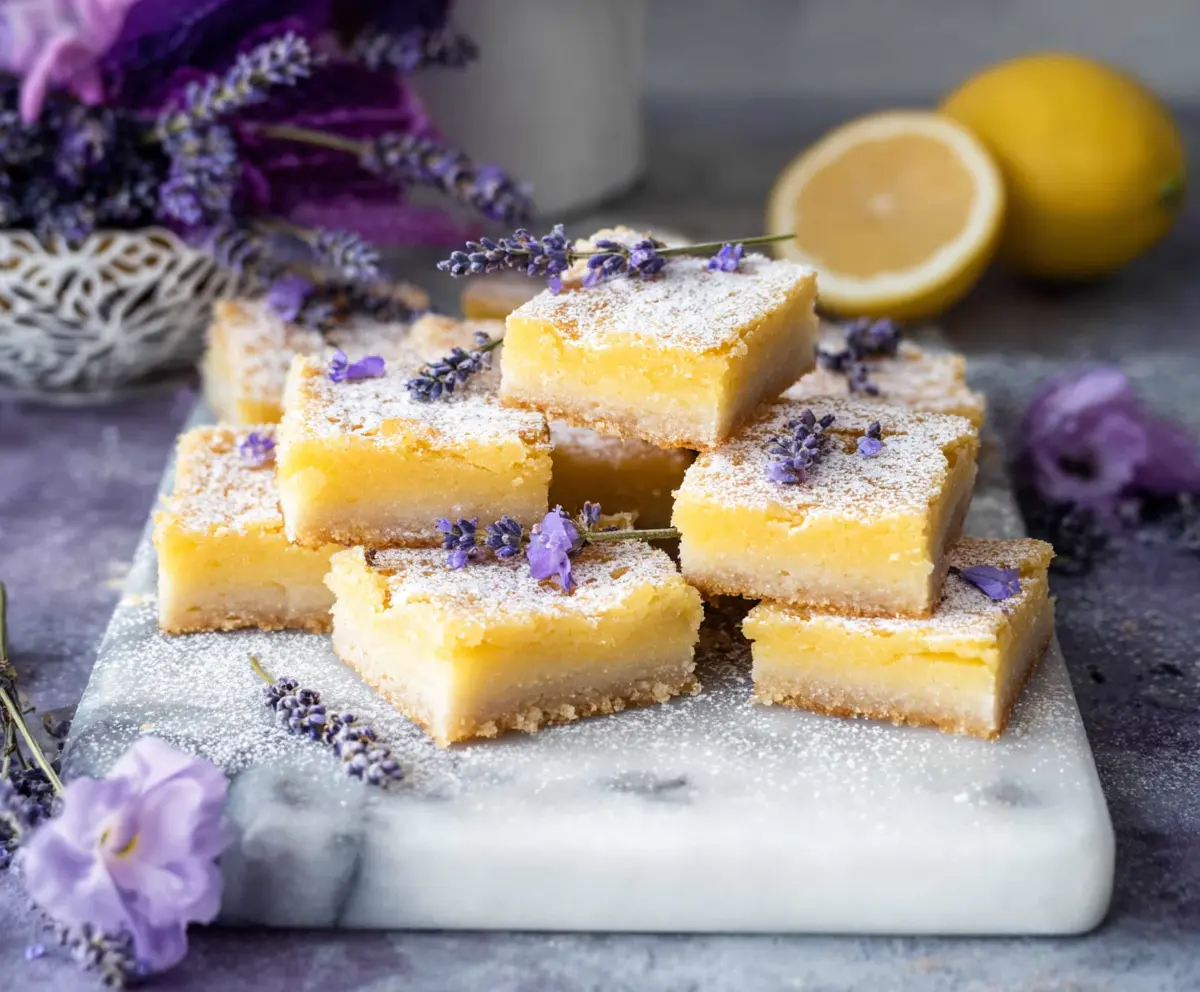 Delicious Lavender Lemon Bars on a plate with fresh lavender and lemon slices