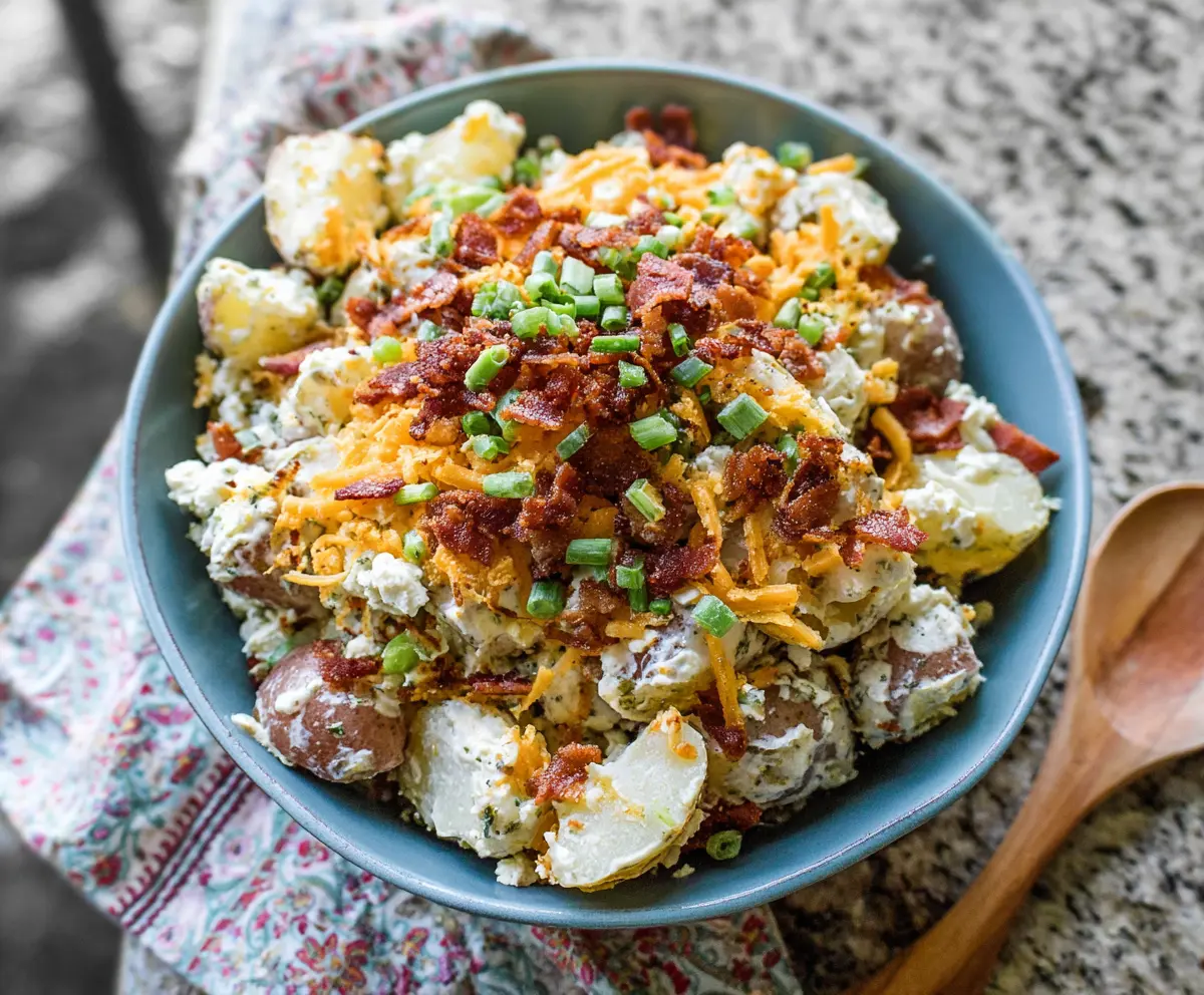 Creamy loaded potato salad with bacon, cheese, and green onions in a serving bowl