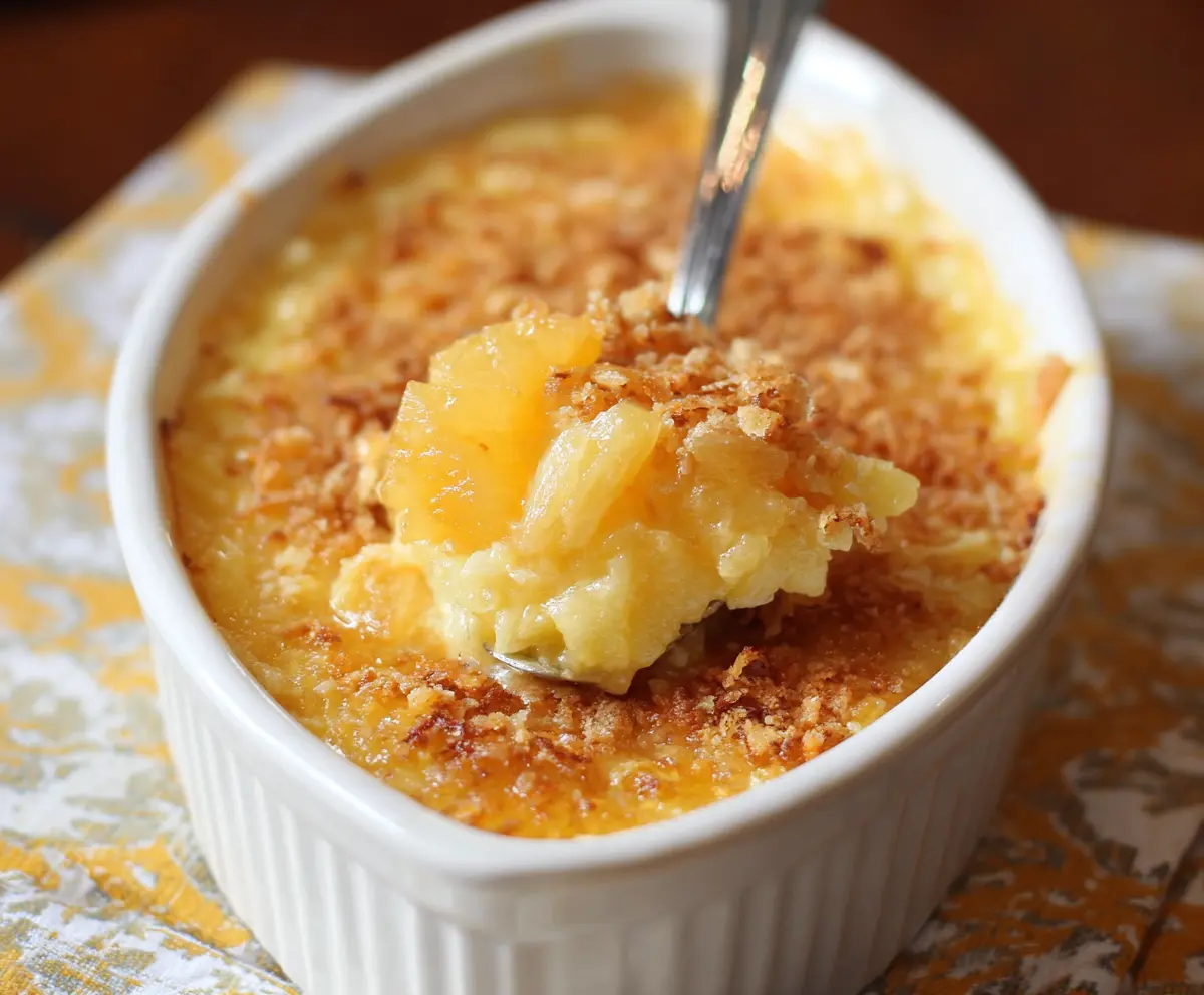 Delicious pineapple cheese casserole topped with golden melted cheese and fresh pineapple chunks.
