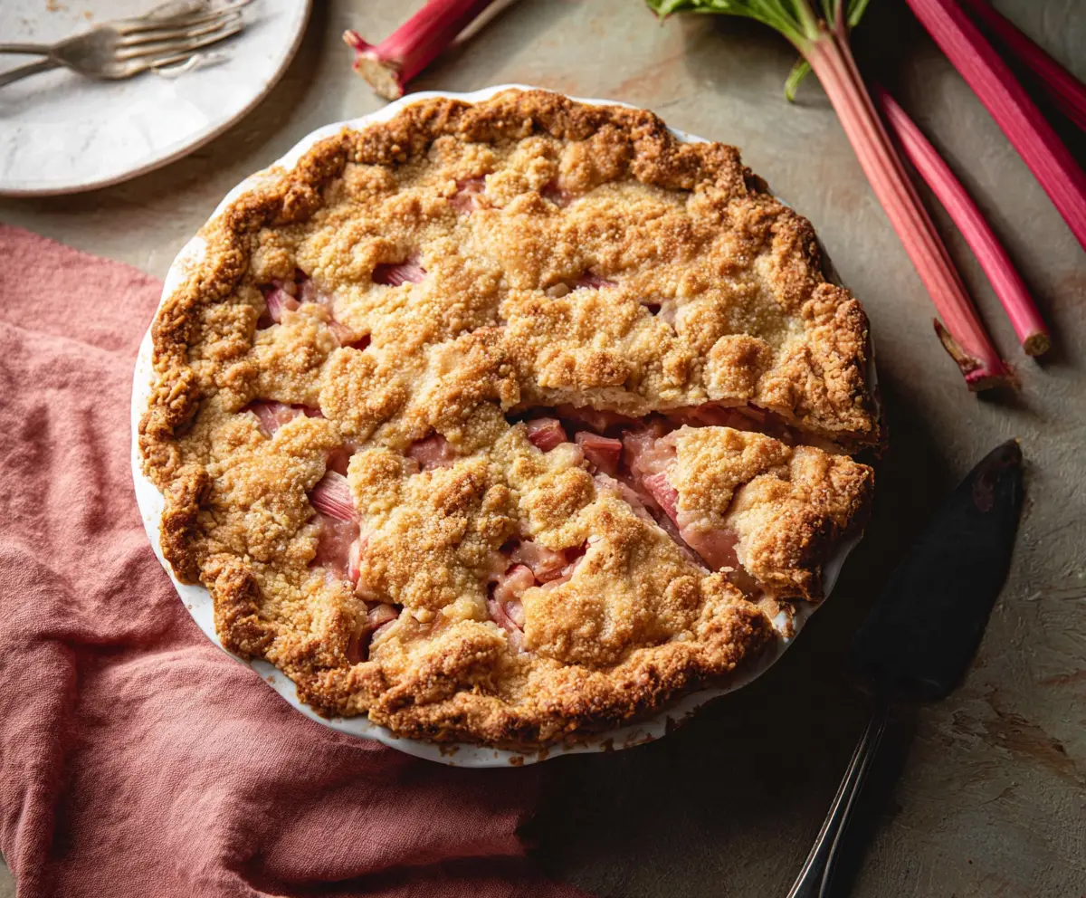 Delicious homemade rhubarb pie with a golden crust and vibrant red filling.